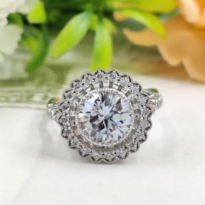 Vintage Style Moissanite Halo Engagement Ring, Round Diamond Milgrain Wedding Ring, Bezel Set Ring, Edwardian Ring, Art Deco Filgree Ring