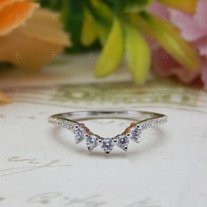 Round Moissanite Curved Wedding Band, Contour Half Eternity Engagement Ring, Stackable Deep Chevron Ring, 10k 14k18k Solid Gold Band Women