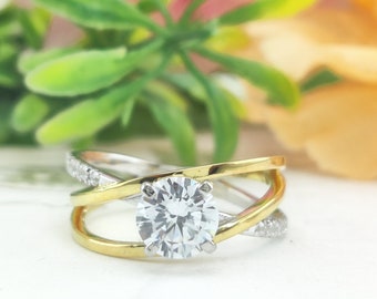 Moissanite Criss Cross Ring, zweifarbige Sterling Silber Verlobungsring