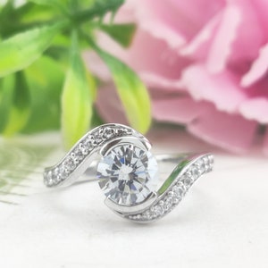 Round Moissanite Engagement Ring, Open Bypass Ring For Women, Bezel Set Round Solitaire Wedding Ring, Cross Over Diamond 925 Silver Ring,