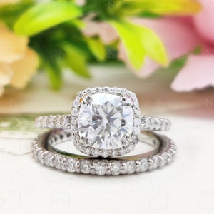 Cushion Cut Moissanite Halo Engagement Ring Set, 14K White Gold Bridal Ring Set, Full Eternity Wedding Band, Anniversary Gift for Women