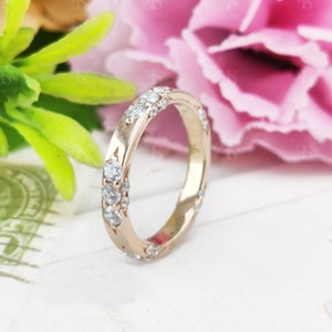 Round Moissanite Diamond Wedding Band, Lacie Band Women&#39;s, 14K Solid Gold Unique Band For Women,  Matching Band, Promise Ring, Gift Her