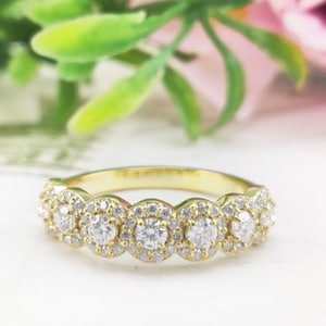 7 Stone Half Eternity Halo Wedding Band, Round Moissanite Stacking Ring For Women, Travel Ring, Seven Stone Anniversary Ring, Stackable Band