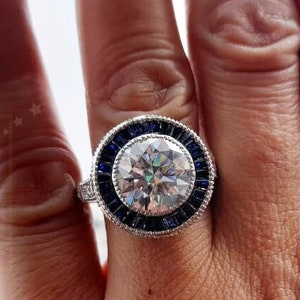 Vintage Style Round Moissanite Halo Engagement Ring, Blue Sapphire Art Deco Ring For Women In Silver, Milgrain Ring, Anniversary Gift Her