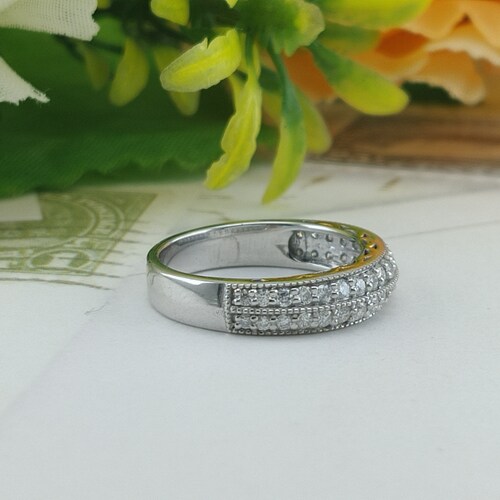 Custom shops Order 5.00 MM Art Deco Curved Moissanite Wedding Band, 10-13-2022 engraved Full White Plating 6.25 Ring us Size