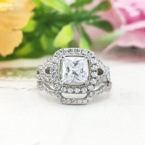 Princess Cut Moissanite Halo Wedding Ring Set, Twisted Halo Engagement Ring Set, Infinity Bridal Ring Set, Stackable Wedding Band In Silver