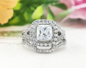 Princess Cut Moissanite Halo Sterling Silver Wedding Ring Set