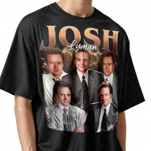 May include: Black t-shirt featuring a graphic of Josh Lyman with the name "JOSH Lyman" in gold lettering. The graphic includes multiple images of the actor in various poses, with lightning bolt accents.