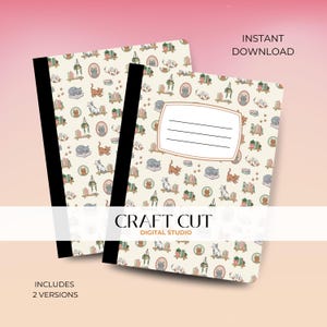 以下が含まれることがあります： 黒い背表紙とクリーム色の背景に猫、本、植物の繰り返し模様が施された2冊のノート。 ノートには線のあるラベルエリアがあります。 テキストには「インスタントダウンロード」と「Craft Cut Digital Studio」が含まれています。