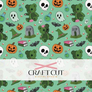 May include: A repeating pattern of Halloween illustrations on a teal background. The design includes green teddy bears, pumpkins, skulls, bats, witch hats, tombstones, potion bottles, ghosts, and books. The text "CRAFT CUT DIGITAL STUDIO" is also present.