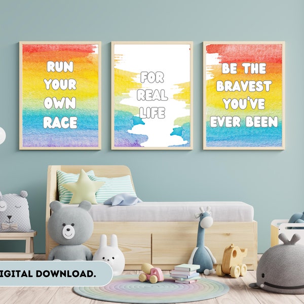 Bluey 3x Inspired Quotes on a Rainbow background - For Real Life, Run your own race, Bravest you've ever been.  A4, A3 & A2 PDF wall art