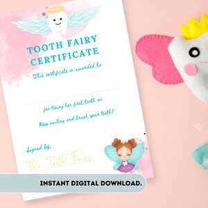 Certificado / Carta da Fada do Dente para Meninas. Certificado de perda do primeiro dente e lembrança. Download instantâneo para impressão de arquivo A4 JPEG, PDF e SVG.