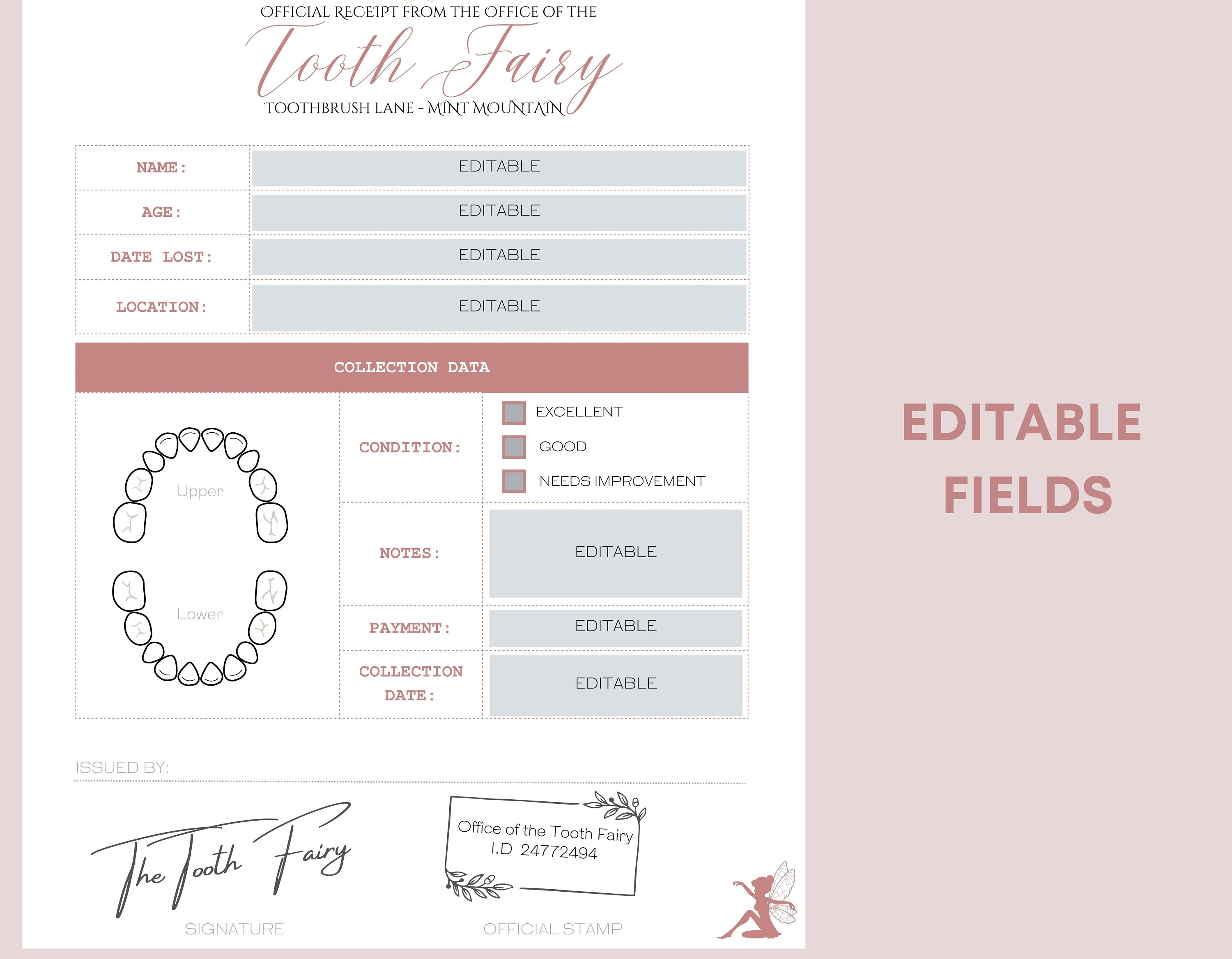 Customisable Tooth Fairy Letter in Pink With Cute Logo, Signature and ...