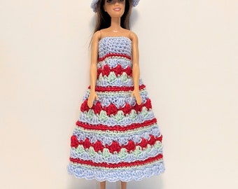 Dress And Hat Set Fashion Doll, Gift For Girl, Gift For Granddaughter, 2 Piece Set, Summer Dress, Handmade, Crochet, Knit, by LTDollClothes