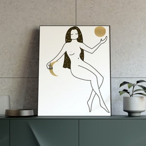 May include: A black and white line drawing of a person with long hair holding a crescent moon and a sun. The background is white.