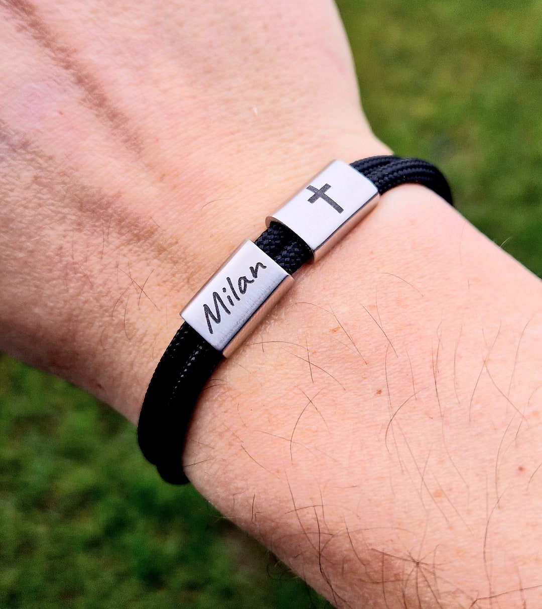 Engraved Bracelet With Name and Cross, Baptism, Sailing Rope Bracelet, Personalized Gift