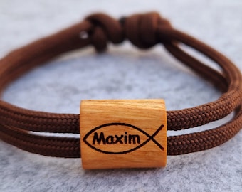 Gravur Holz Armband , Kommunion, Konfirmation, Firmung, Surfer Armband, personalisiertes Armband, Holz, Fisch mit Namen, Armband graviert