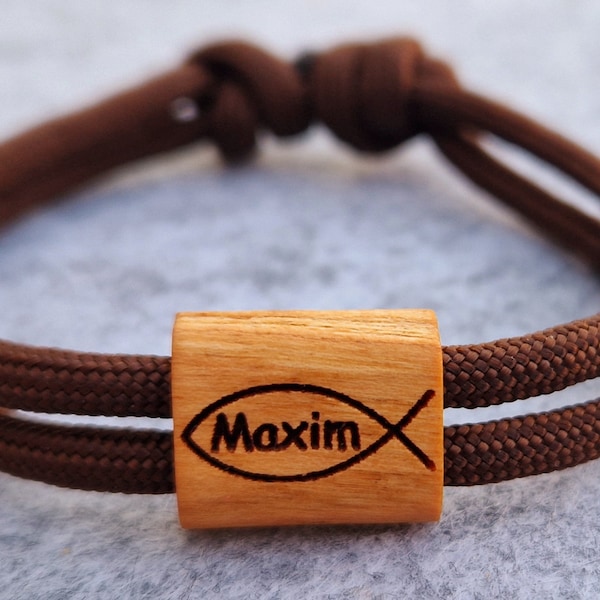 Gravur Holz Armband , Kommunion, Konfirmation, Firmung, Surfer Armband, personalisiertes Armband, Holz, Fisch mit Namen, Armband graviert