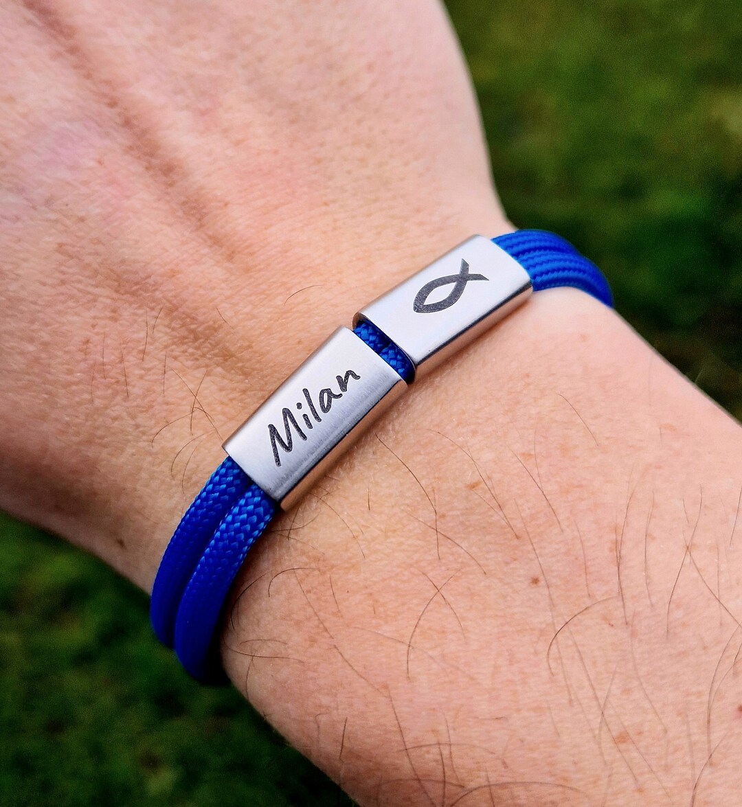 Engraving Bracelet With Name and Fish, Baptism, Sailing Rope Bracelet, Personalized Gift