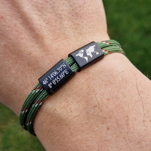 Engraved bracelet coordinates, world map, compass, surfer bracelet, personalized bracelet, jewelry, family, Mother&#39;s Day, gift