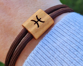 Gravur Holz Armband , Sternzeichen, Tierkreiszeichen, Surfer Armband, personalisiertes Armband, Holz, Armband graviert, Muttertag, Fisch