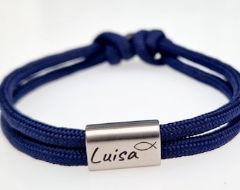 Pulsera grabado con nombre y pez, pulsera de bautismo, pulsera de cuerda de vela, pulsera personalizada, pulsera de comunión, pulsera de confirmación