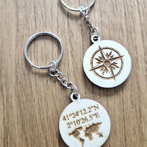 Wooden keychain, coordinates, world map, world travel, globetrotter, compass, personalized keychain, engraving
