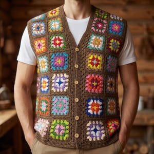 May include: A sleeveless crochet vest featuring a brown base with a V-neckline and five light brown buttons. The garment is constructed from a grid of multi-colored granny squares in shades of pink, blue, yellow, green, and white, worn over a plain white t-shirt.