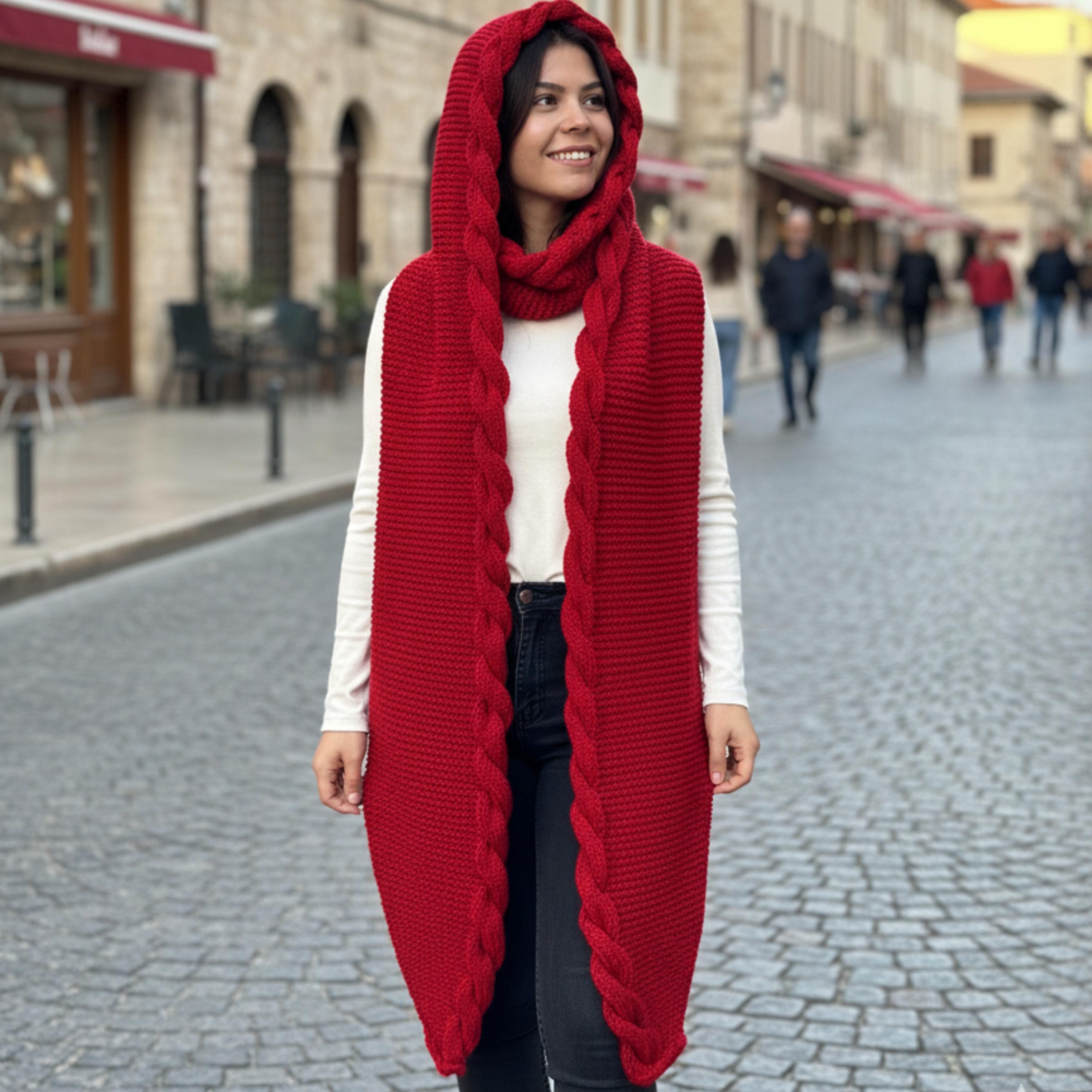Hand-knitted Red Hooded Scarf, Winter Crochet Shawl Wrap - Etsy
