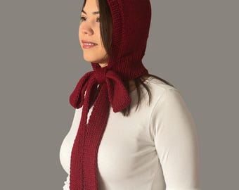 Handmade Deep Red Bonnet,Knit Hooded Scarf for Women,Winter Wool Bonnet,Edna Style Hood,Cozy Vintage Hood