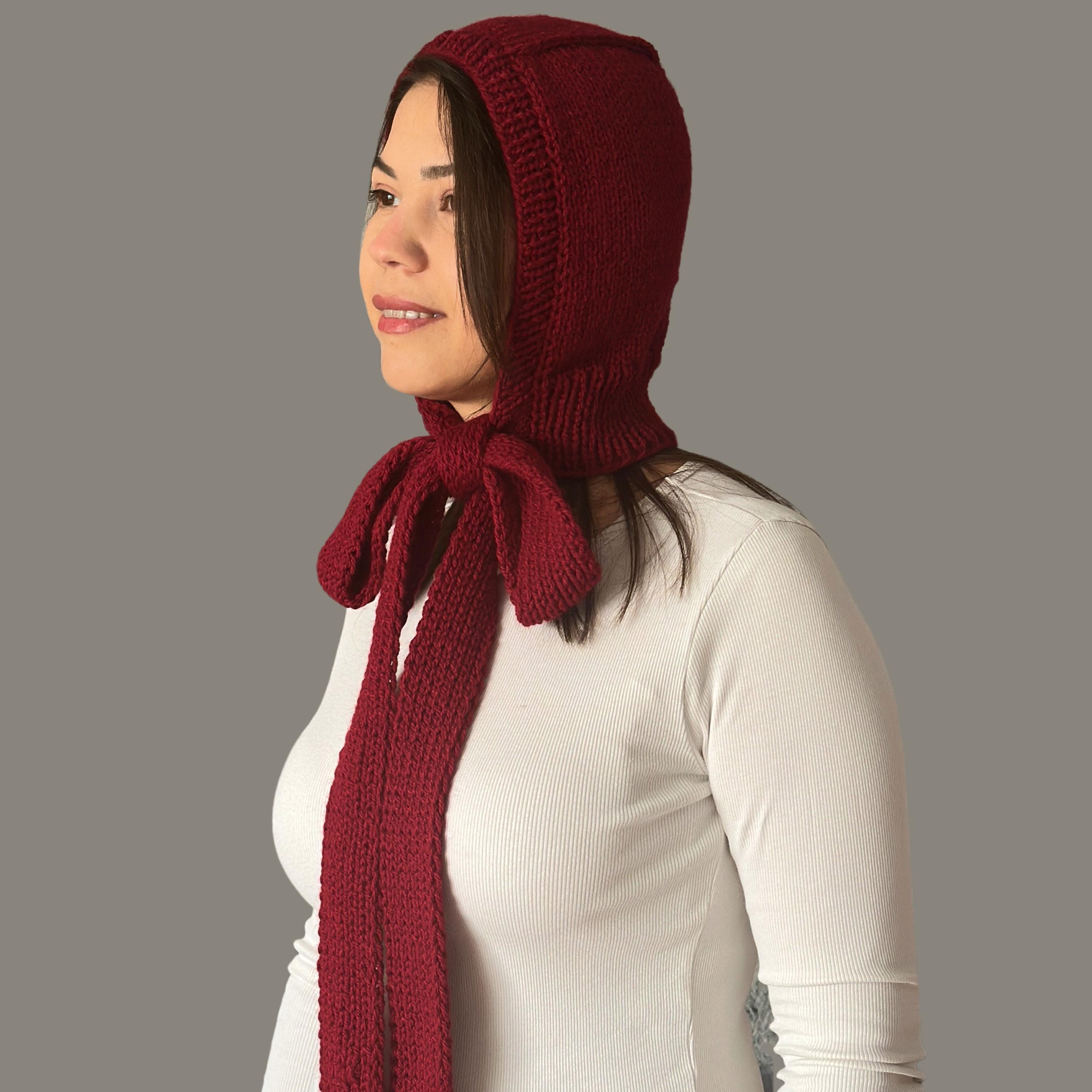 Handmade Deep Red Bonnet,knit Hooded Scarf for Women,winter Wool
