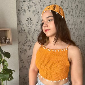 Gehaakte 2-delige crop-top met schelp, op Y2K geïnspireerde strandkleding, festivalhoed, beach boho-top met bandjes, top met gekruiste achterkant, verjaardagscadeau, kanten hoed
