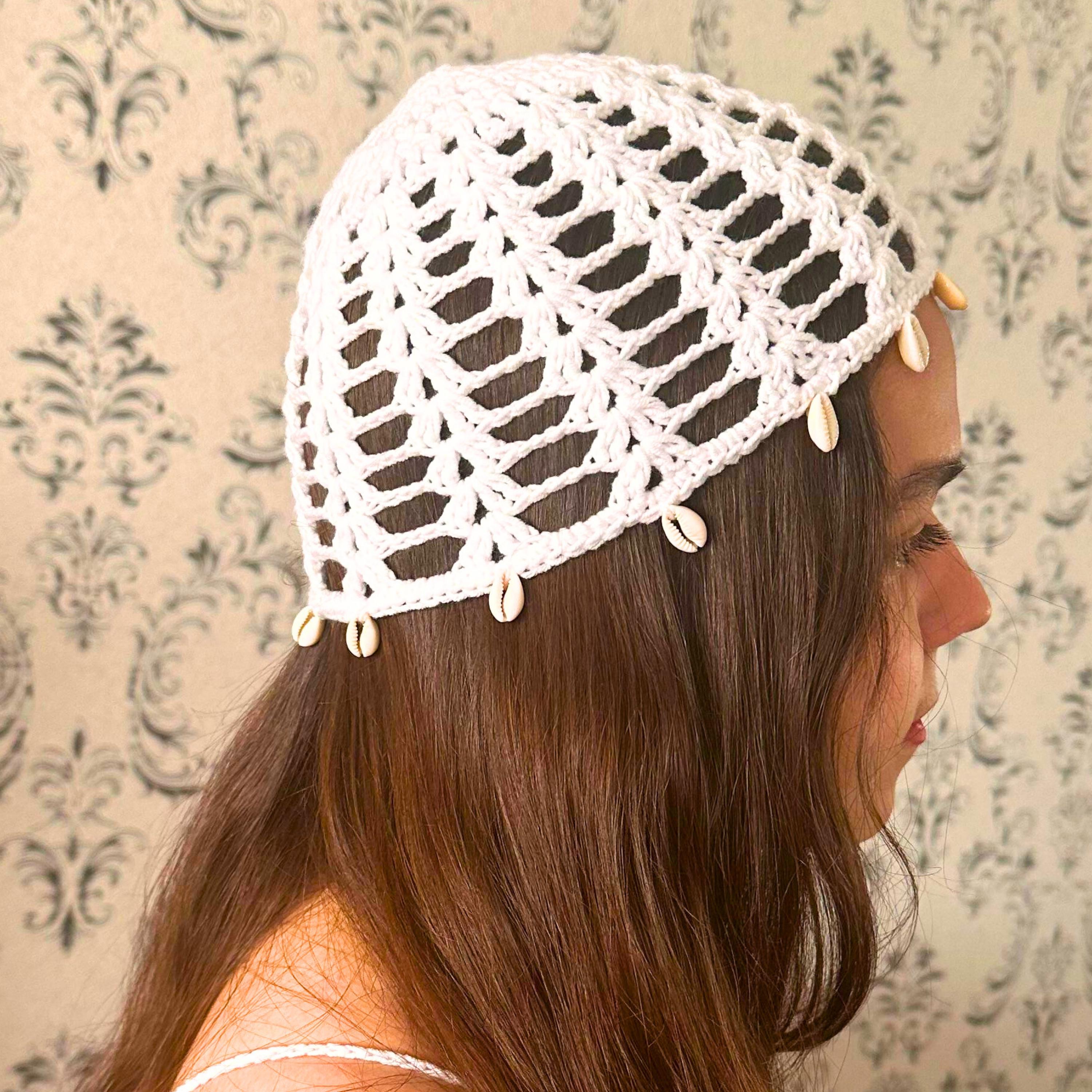 Crochet Beanie Hat Pearl Trim Boho Lightweight Knit Skull Cap Crochet Square Mesh Skull Cap: Ecru Cotton Boho Beach Hat  main image 4