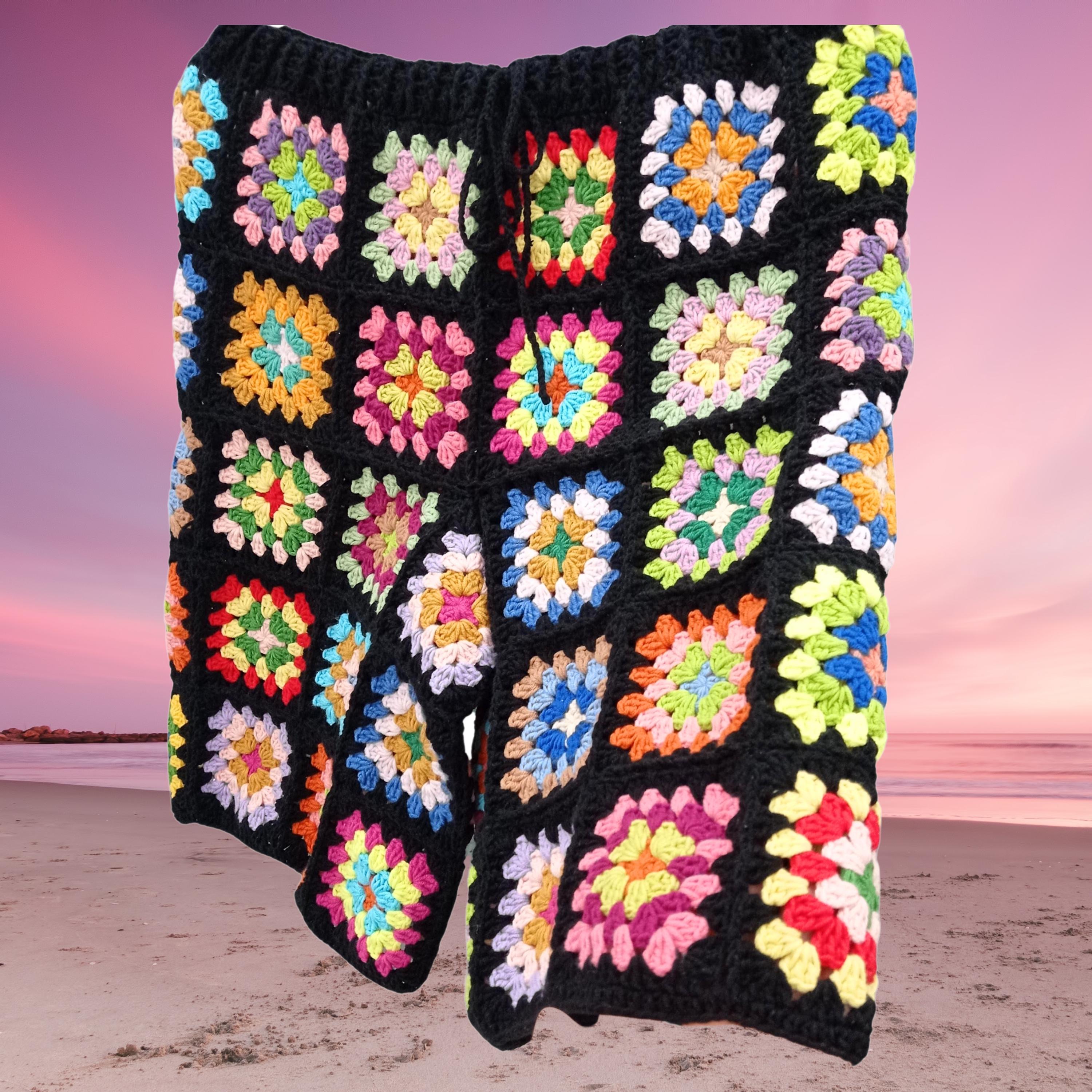 Crochet Granny Square Shorts, Colorful Men's Ethnic Shorts,hand