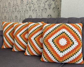 Funda de cojín de ganchillo cuadrada hecha a mano por la abuela: decoración estilo granja bohemia