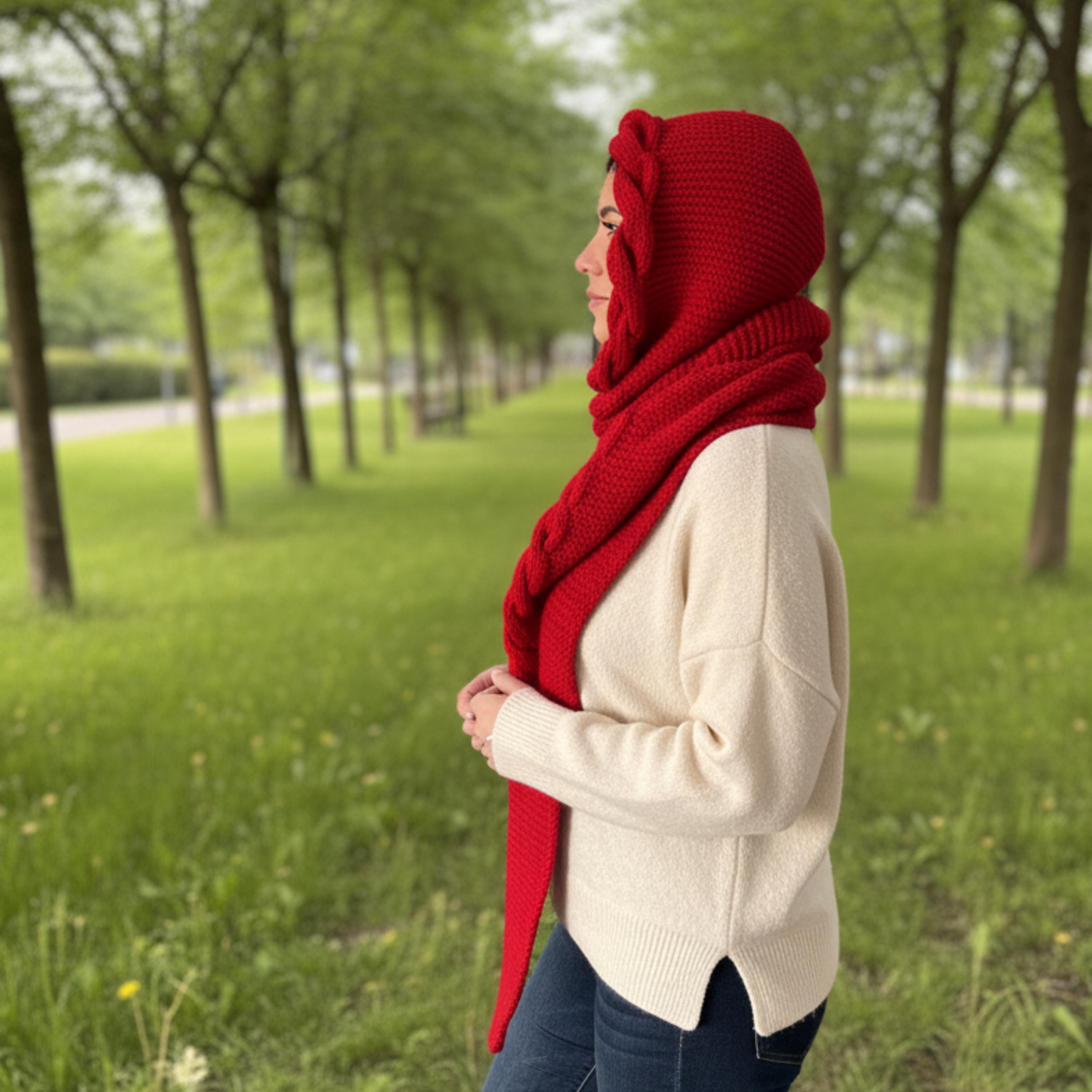 Hand-knitted Red Hooded Scarf, Winter Crochet Shawl Wrap - Etsy