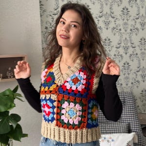 Chaleco de abuela tejido a crochet, chaleco de crochet, ropa de festival boho hippie, suéter de patchwork de punto, suéter boho, regalo de cumpleaños, día de la madre