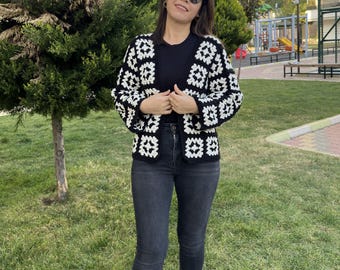 Crochet Granny Square Cardigan,Black and White Oversized Unsex Cardigan, Granny Square Jacket, Handmade Women's Cardigan,Valentines Day Gift