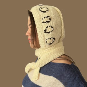 Handmade Lamb Patterned Hat | Winter Beanie for Women | Tied Scarf