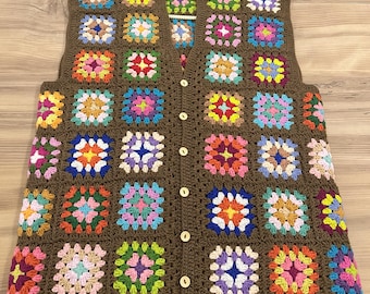 Paul Mccartneys Vest, Brown Crochet Granny Square Vest, Crochet Boho Waistcoat, Valentine&#39;s Day, Knit Buttoned Retro Sweater, Gift for Him