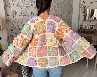 Crochet Granny Square Cardigan, Multicolor Patchwork Jacket, Bohemian Cardigan, Handknit Patchwork Sweater, Handmade Gift,Vintage Jacket