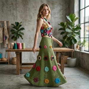 May include: A green crochet skirt and top set adorned with colorful, three-dimensional flower appliqués. The top features a halter-style design, while the skirt has a flared silhouette. The set is handmade and evokes a bohemian aesthetic.