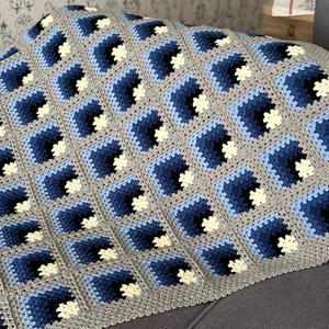 Crochet Granny Square Blanket, Handmade Afghan Throw, Blue Gray Sofa Blanket, Patchwork Crochet Bedspread, Cozy Home Decor Gift
