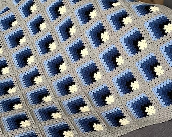 Crochet Granny Square Blanket, Handmade Afghan Throw, Blue Gray Sofa Blanket, Patchwork Crochet Bedspread, Cozy Home Decor Gift