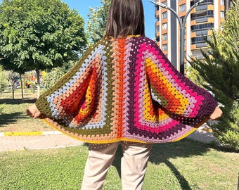 Handmade Crochet Hexagon Cardigan: Oversized Boho Wool Coat