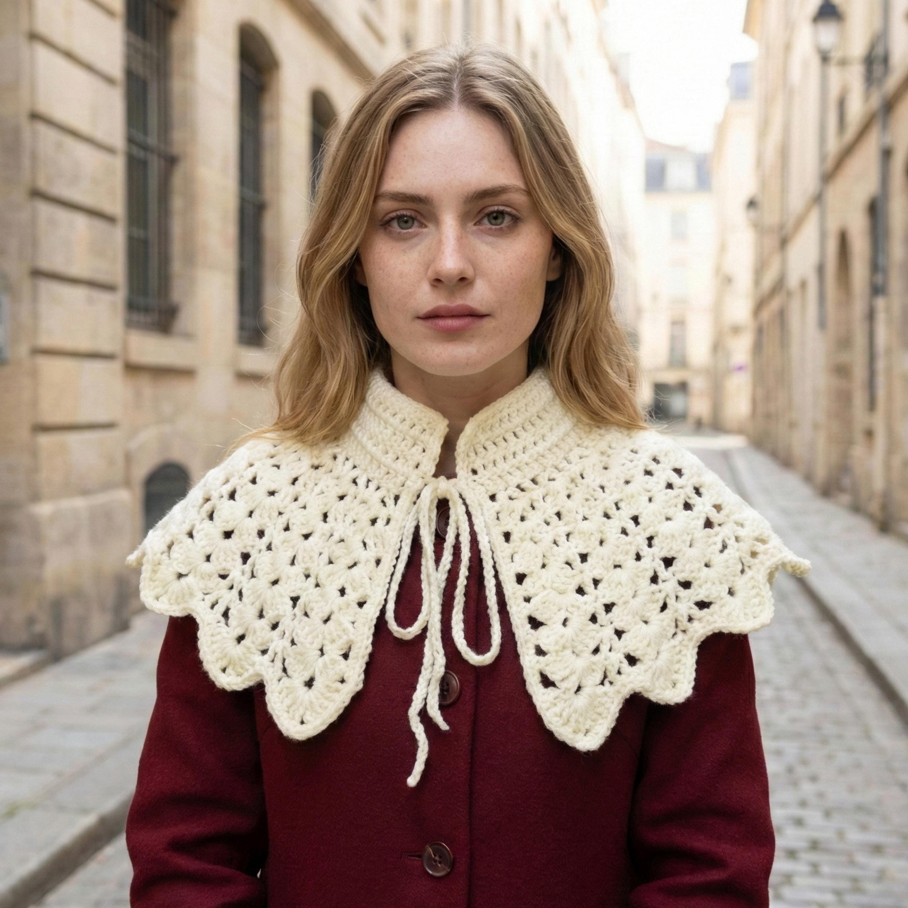 Victorian Style Hand Knit Scarf, Cream Ruffle Shoulder Cape, Detachable Lace Collar for Dresses, Romantic Crochet Neck Accessory