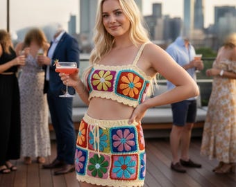 Crochet Daisy Pattern Mini Skirt and Short Top Set