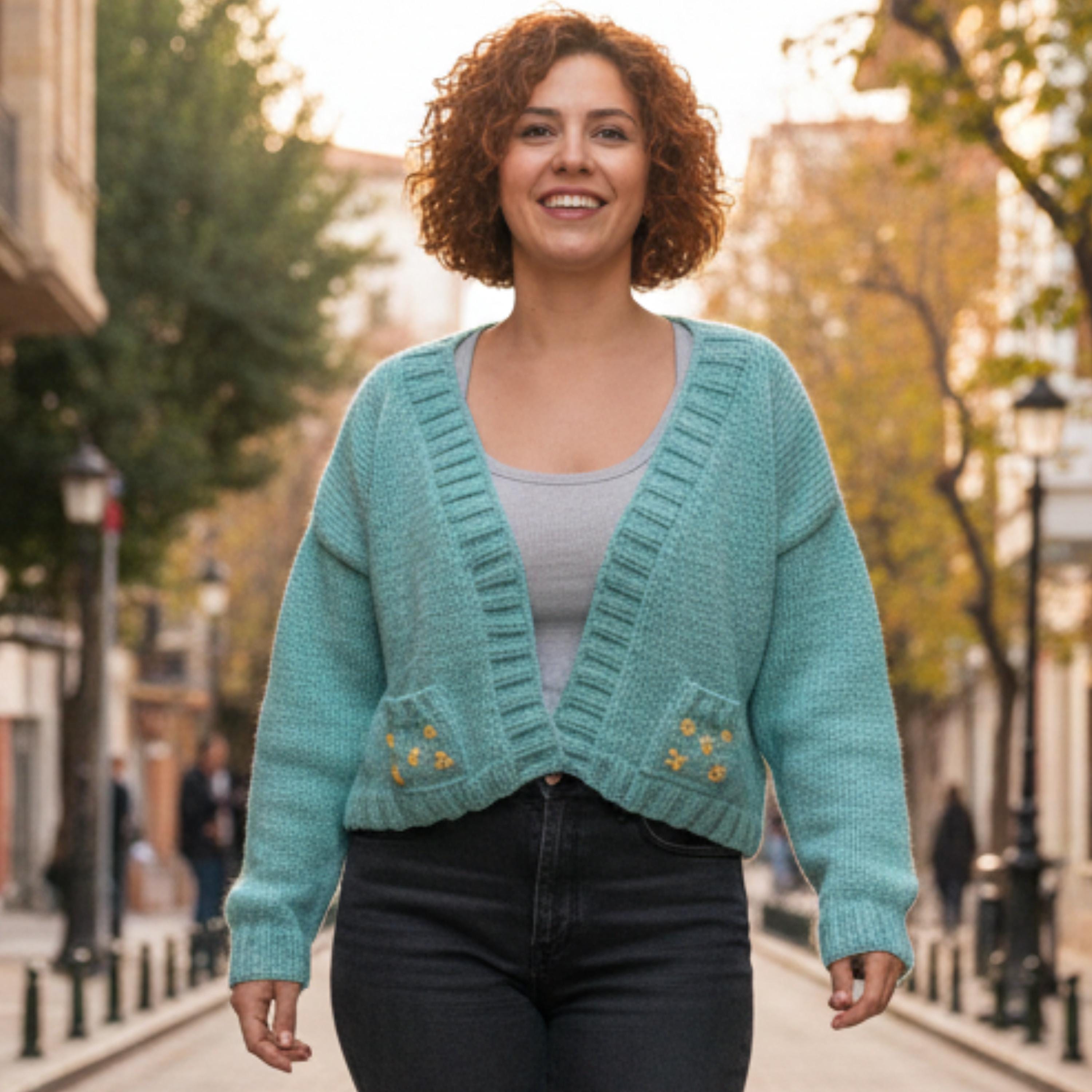 Handmade Mint Green Knit Cardigan, Cropped Chunky Sweater, Flower