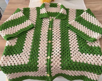 Crochet Green And Beige Shirts For Men,Vintage Style Summer Beach Shirt,Colorful Men&#39;s Clothing,Summer Clothing,teacher gift,Father&#39;s Day