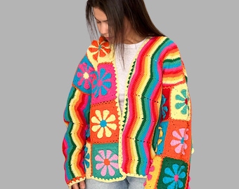 Handmade Rainbow Crochet Cardigan, Flower Granny Square Boho Sweater, Festival Wear Pride Outfit